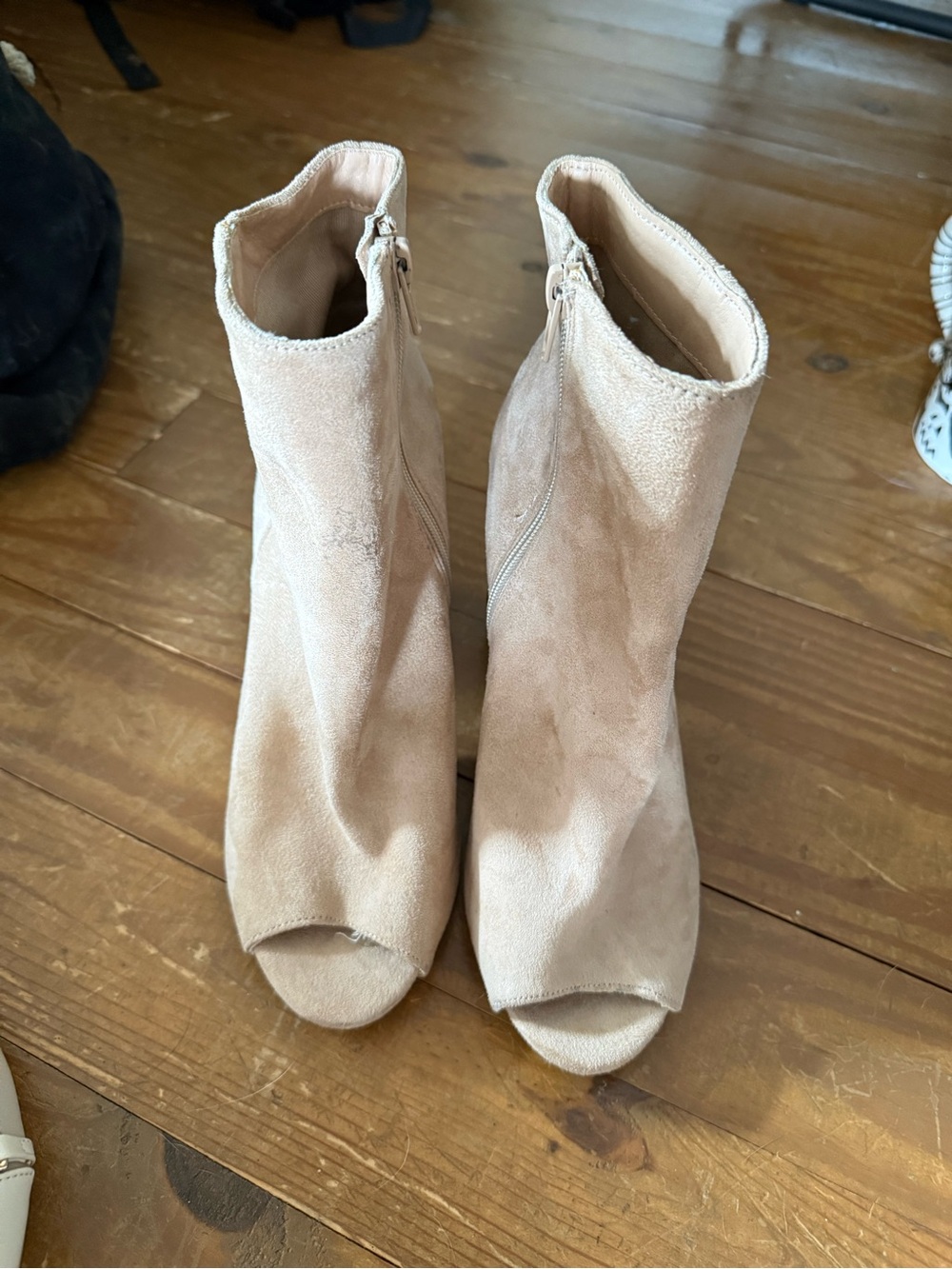 Women's Suede Peep-Toe Ankle Boots in Beige